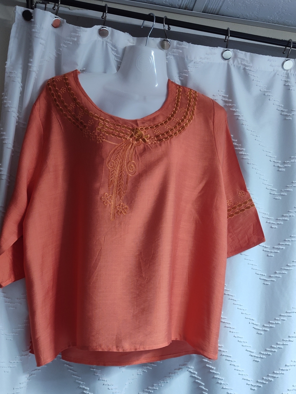 Embroidered Coral Short-Sleeve Blouse